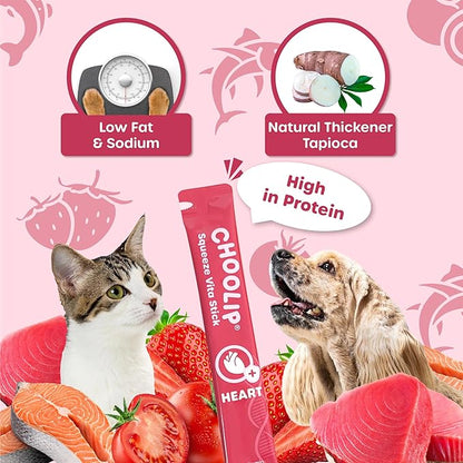 Choolip Squeeze Vita Stick Lickable Cat and Dog Treats, 7-Count Heart Support, Salmon and Tuna with CoQ10, Taurine and L-Carnitine, Grain-Free, Vet-Formulated