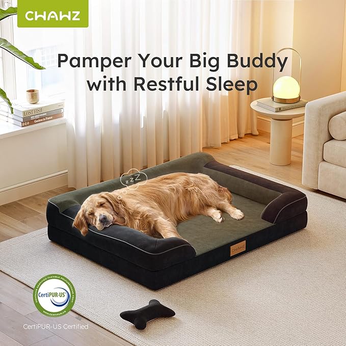CWAWZ Extra Large Dog Bed, Orthopedic Dog Bed with Cooling Gel Memory Foam, Waterproof XL Pet Bed with Removable Washable Cover, 42" Pet Sofa Couch Dutch Velvet with Bone Toy, Black