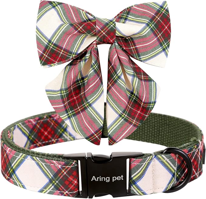 ARING PET Christmas Dog Collar, Cute Xmas Pet Collar with Sailor Bowtie Red and Green Plaid Bow Tie Collars with Metal Buckle for Puppy Small Medium Large Boy Girl Dogs-XL