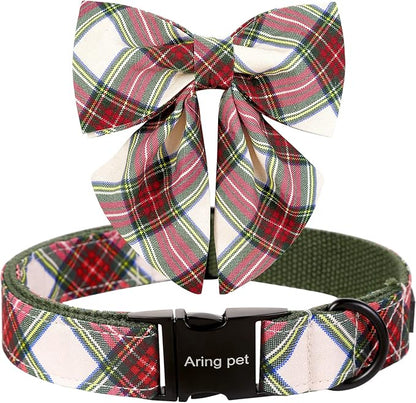 ARING PET Christmas Dog Collar, Cute Xmas Pet Collar with Sailor Bowtie Red and Green Plaid Bow Tie Collars with Metal Buckle for Puppy Small Medium Large Boy Girl Dogs-XL