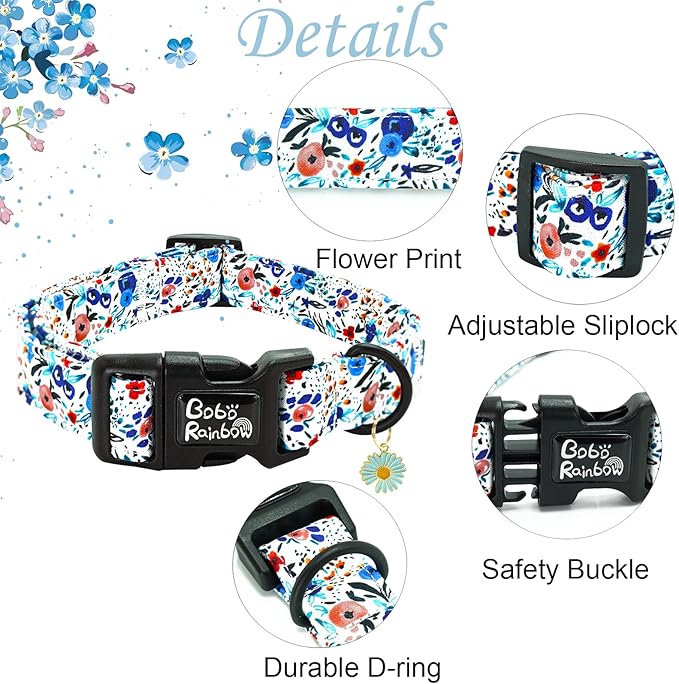 Dog Collar-Cute Flower Adjustable Pet Collars Soft Comfortable Puppy Collar Blue Cotton Dog Collars Durable Necklace Gift for Small Dogs