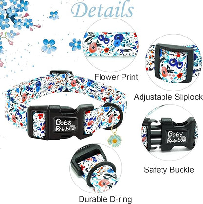 Dog Collar-Cute Flower Adjustable Pet Collars Soft Comfortable Puppy Collar Blue Cotton Dog Collars Durable Necklace Gift for Large Dogs