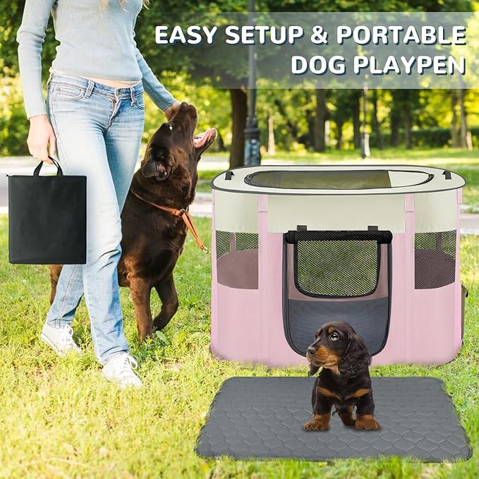 Large Dog Cat Playpen Crate with Waterproof Pad,Portable Collapsible Pet Dog Cat Kennel Cage Tent,Suitable for Indoor Outdoor Travel Camping,Water-Resistant Breathable Shade Cover (Pink L)