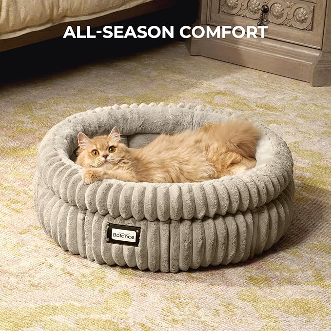 BALANCE Cat Bed Kitten Bed, Washable Round Cat Beds for Indoor Cats,Super Soft Plush Faux Fur Pet Bed for Puppy and Kitten with Anti-Slip Bottom