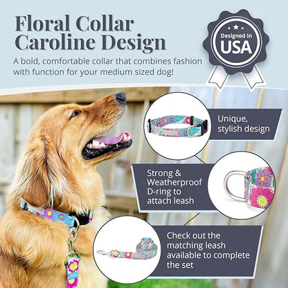Lucky Love Dog Collars, Vivid Flower Pattern Dog Collars for Medium Female Dogs, Spring & Summer Floral Themed Print, Caroline, Medium