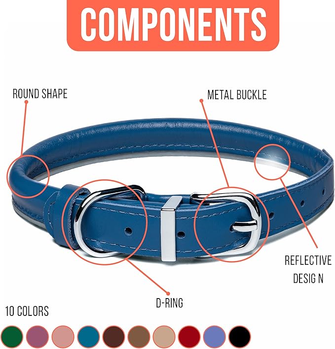 OOPSDOGGY Rolled Leather Dog Collar Reflective Roll Collars for Small Medium Large Dogs Puppy (Dark Blue, M, 12''- 15'')