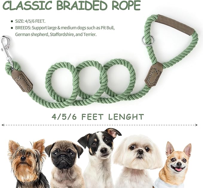 Mile High Life Dog Leash, Braided Cotton Rope Leashes with Leather Handle - Heavy Duty Metal Clasp, 4FT, 1/2" Thick - Wedding, Walking & Training Leash for Small Medium Large Dogs (Kashmir)