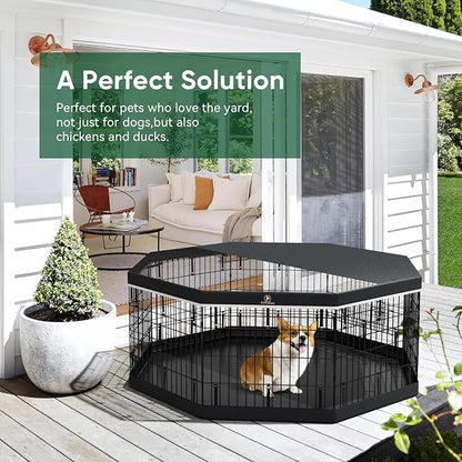 PJYuCien Dog Playpen - Metal Foldable Dog Exercise Pen, Pet Fence Puppy Crate Kennel Indoor Outdoor with 8 Panels 24”H & Top Cover and Bottom Pad for Small Medium Pets
