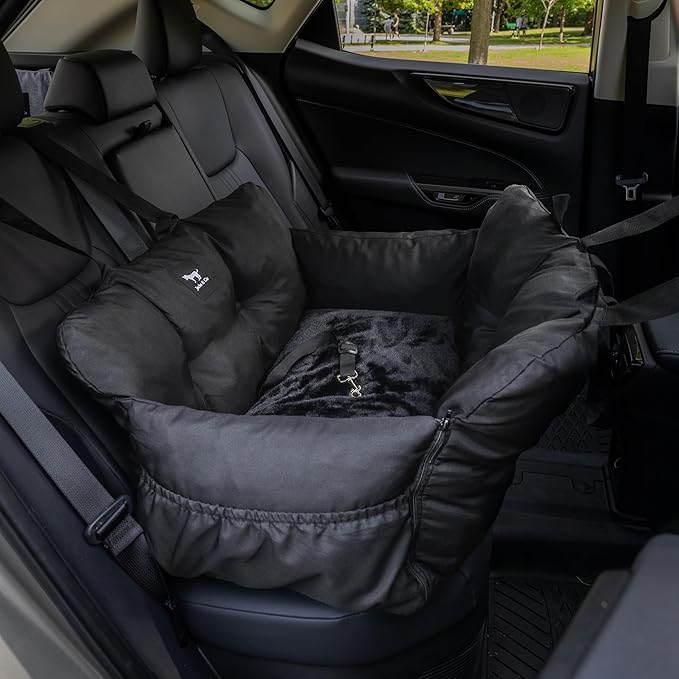 JACKO & CO - Premium Dog Car Seat v2 Booster Seat for Small & Medium Pets Under 40lbs - Machine Washable w Removable Covers, Water Resistant w Clip-On Leash for Back Seat Use (Black Medium (20-40lbs)