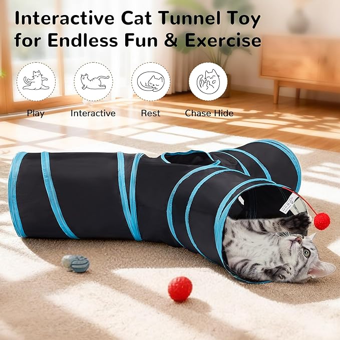 Tempcore Pet Tunnel Tube Cat Toys 3 Way Collapsible, Cat Tunnels for Indoor Cats，Kitty Tunnel Bored Cat Pet Toys Peek Hole Toy Ball, Puppy, Kitty, Kitten, Rabbit Blue Large Size
