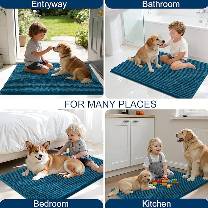 OLANLY Dog Door Mat for Muddy Paws 36x24, Ultra Absorbent Chenille Mud Doormat, Non-Slip Washable and Dirt Trapping Doormat for Indoor Entryway, Quick-Dry Indoor Pet Bed Mats for Dogs, Atlantic Blue