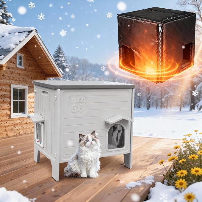 Plastic Outdoor Cat House with Insulated Liner Heating Mat Weatherproof for Feral Cat, Elevated Cat Shelter with Escape Door, Easy Assemble, Expansive Interior‌ Grey 27.0" L x 27.0" W x 21.0" H
