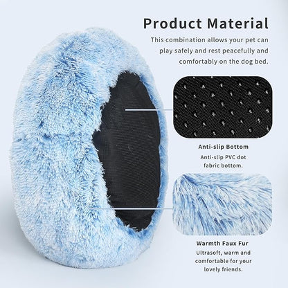 Calming Dog Bed for Medium Dogs Washable Donut 30 inches Anti-Slip Pet Bed,Round Fluffy Plush Faux Fur Cat Bed,Fits up to 45 lbs Pets,Gradient Blue