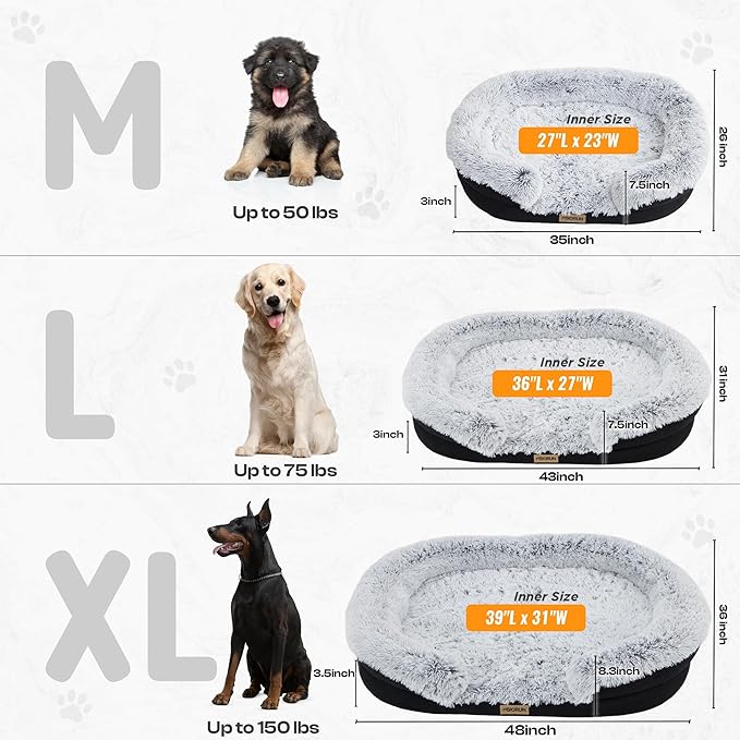 Miorun Fluffy Orthopedic Dog Bed for Extra Large & Jumbo Dogs, Calming Plush Sofa Bed with Curved Bolster Support, 48" Cozy Oval Pet Donut Bed with Washable Cover, Gray