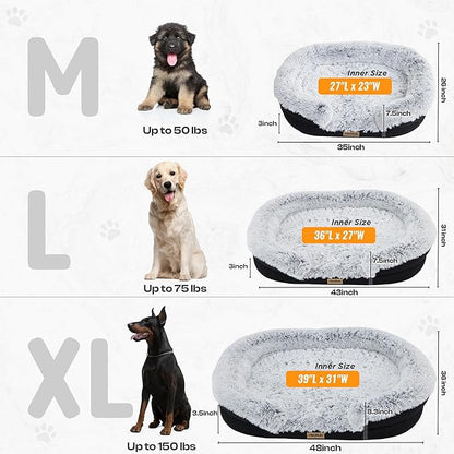 Miorun Fluffy Orthopedic Dog Bed for Large & Extra Large Dogs, Calming Plush Sofa Bed with Curved Bolster Support and Egg-Crate Foam Base, 43" Cozy Oval Pet Donut Bed with Washable Cover, Gray