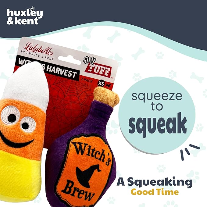 Huxley & Kent Halloween Funny Dog Toy w/Squeaker – Power Plush Squeaky Dog Toys for Small Dogs – Durable Small Stuffed Animal for Indoor Play & Fetch - Tiny Tuff Witch's Harvest 2pk