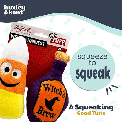 Huxley & Kent Halloween Funny Dog Toy w/Squeaker – Power Plush Squeaky Dog Toys for Small Dogs – Durable Small Stuffed Animal for Indoor Play & Fetch - Tiny Tuff Witch's Harvest 2pk