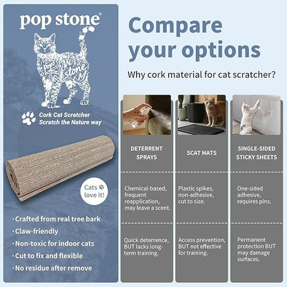 Natural Cork Cat Scratcher Mat, Hook-and-Loop Trimmable Furniture Protector for Couch, Door, Wall & Bed Corner, Claw-Friendly for Indoor Cats (Smoke Gray, 39.4 x 11.8 Inch)