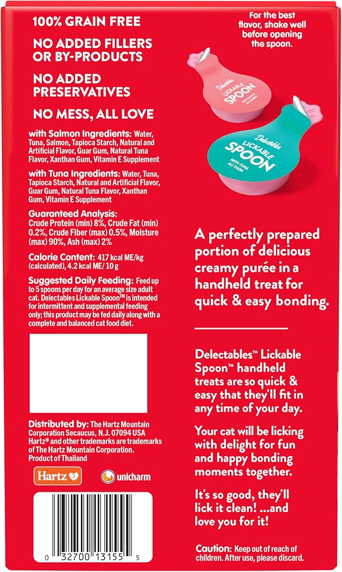Delectables Lickable Spoon Handheld Wet Cat Treats Made with Real Salmon & Tuna, Creamy Puree, Mess Free, Quick & Easy, Grain-Free, No Added Fillers, No Added Preservatives, Variety Pack, 32ct
