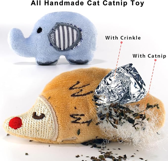 AZOFFYIU Cat Toys, Interactive Cats Toy for Indoor Cats, Soft and Durable Crinkle Sound Catnip Toys, Catnip Filled Mouse Cat Teething Chew Toy (Pack of 6)