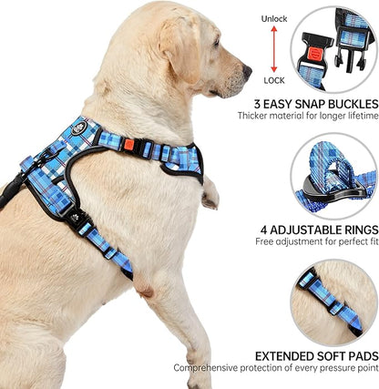 NESTROAD No Pull Dog Harness with Leash, Reflective No Choke Pet Vest Harness,Adjustable Soft Padded Dog Harness with Easy Control Handle for Large Dogs(Checkered Blue,X-Large)