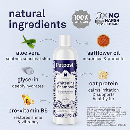 Petpost | Dog Whitening Shampoo with Coconut Oil & Aloe. Brightens White & Light Coats, Moisturizes Skin. Watermelon Scent. 16 oz