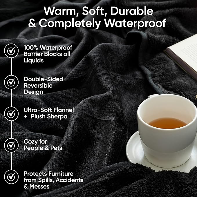 Waterproof Pet Blanket, Liquid Pee Proof, Sherpa Fleece Protector – Pet Hair Resistant Water Proof Bed Cover for Dogs Couch Sofa Car Bedding Comforter (Black, 40"x60")