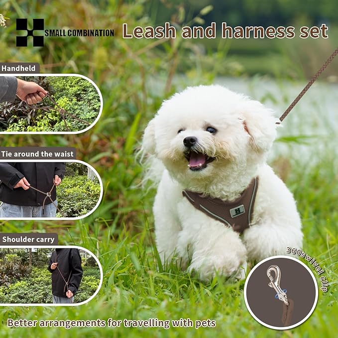 Adjustable Dog Harness with Leash, Reflective Mesh, No-Pull Design，Matching Lead Rope (Brown, XXXS)