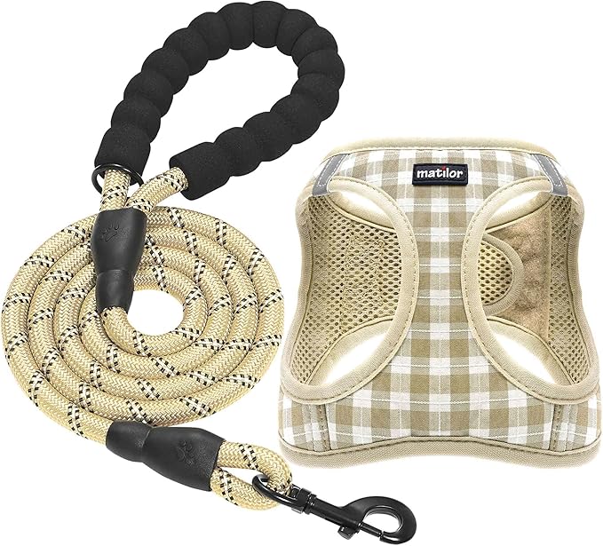 matilor Dog Harness Step-in Breathable Puppy Cat Dog Vest Harnesses for Small Medium Dogs Beige Checkered