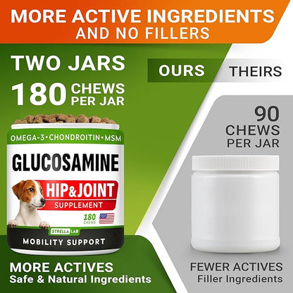 Glucosamine for Large Dogs - Joint Supplement Large Breed w/ Omega-3 Fish Oil - Chondroitin, MSM - Advanced Mobility Chews - Joint Pain Relief - Hip & Joint Care - Chicken Flavor - 360Ct - Made in USA
