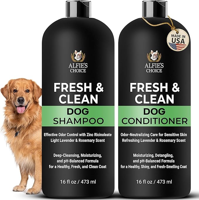 ALFIE'S CHOICE Fresh & Clean Dog Shampoo and Conditioner Set | 16 fl oz Each | Lavender & Rosemary | Deep Cleansing for Smelly Dogs | Deodorizing & Odor Control