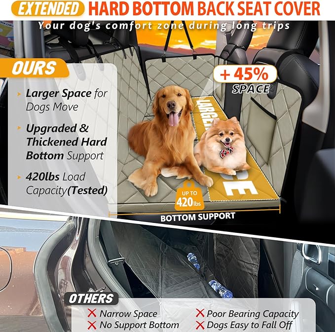 ROUWINNE Back Seat Extender for Dogs-Large Space, Dog Car Seat Cover Hard Bottom Holds 420lbs, Sturdy Backseat Extender for Dogs, Upgraded Material,Waterproof Dog Hammock for Car SUV, Truck Khaki
