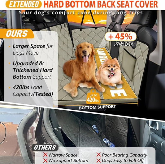 ROUWINNE Back Seat Extender for Dogs-Large Space, Dog Car Seat Cover Hard Bottom Holds 420lbs, Sturdy Backseat Extender for Dogs, Upgraded Material,Waterproof Dog Hammock for Car SUV, Truck Khaki