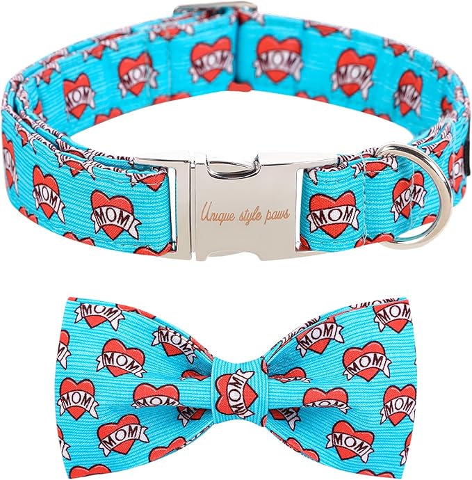 Unique style paws Valentine's Day Dog Collar with Bow Tie Blue Heart Puppy Collar Best Gift for Small Medium Large Boys Girls-S