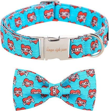 Unique style paws Valentine's Day Dog Collar with Bow Tie Blue Heart Puppy Collar Best Gift for Small Medium Large Boys Girls-XL