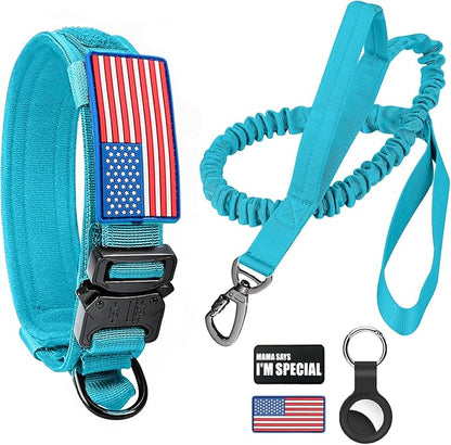 Tactical Dog Collar and Bungee Leash,Military Dog Collar & Leash Set with USA American Flag Adjustable K9 Collar with Heavy Duty Metal Buckle & Handle,with Patches and Airtags Case (Light Blue, L)