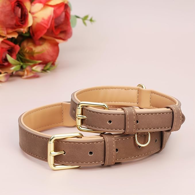 Leather Dog Collar for Small Medium Large Dogs, Soft Padded Dog Leather Collar with Heavy Duty Gold Buckle, Durable & Comfortable for Puppy Dogs Daily Walking (Light Brown, XS)