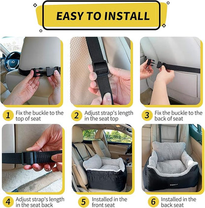 BurgeonNest Dog Car Seat for Small Dogs, Soft Pet Car Travel Home Bed Under 25 lbs, Fully Detachable and Washable Cat Booster Carseats with Storage Pockets and Clip-On Leash Portable Carrier,Black