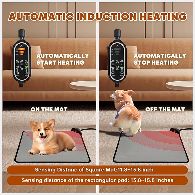 Orznez Pet Heating Pad for Cats & Dogs,Safe Electric Cat Warming Pad with Chew Resistant Cord,Automatic Induction Heated Cat Bed,Adjustable Temperature & Time (17.7" x 17.7")