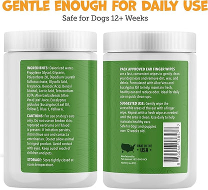 Pack Approved Finger Ear Wipes for Dogs with Aloe Vera and Eucalyptus - Convenient, Extra-Coverage, and Large Design Dog Ear Cleaning Wipes - Removes Wax and Freshens Ears - 50 Wipes