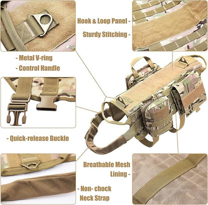 AIWAI Tactical Dog Harness with Pouches,Dog Vest Harness for Large Medium Dogs No-Pull Adjustable Military Dog Harness with Handle Walking Hiking Training (Camouflage(with Leash), L)