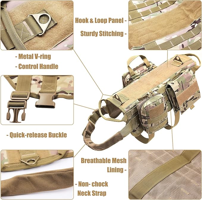 AIWAI Tactical Dog Harness with Pouches,Dog Vest Harness for Large Medium Dogs No-Pull Adjustable Military Dog Harness with Handle Walking Hiking Training (Camouflage, L)