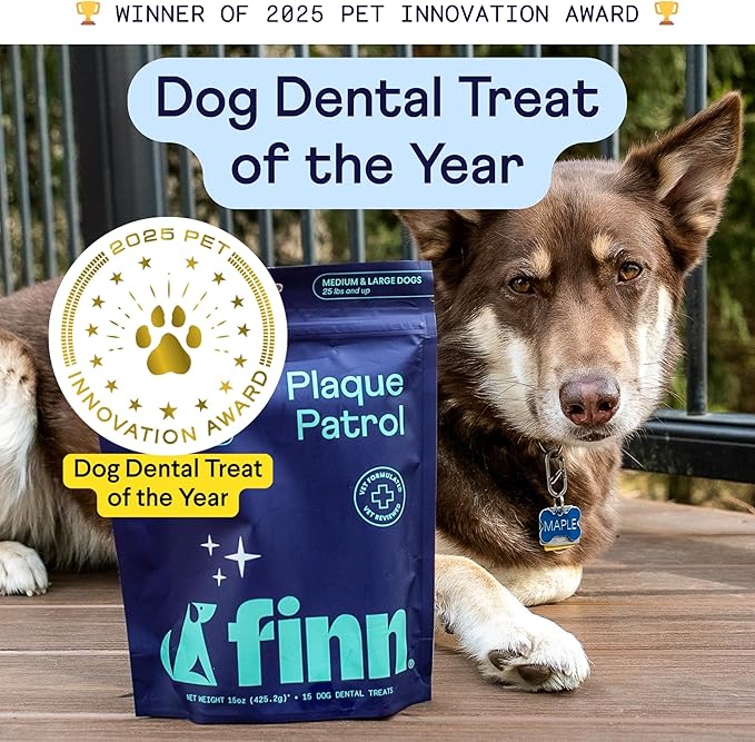 Finn Plaque Patrol Dental Chews | Triple-Action Defense Against Plaque, Tartar, and Bad Breath | for Medium/Large Dogs, 25+ lbs