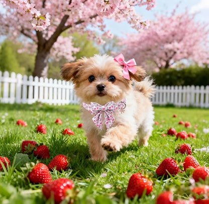 Lionet Paws Strawberry Floral Dog Collar with Sailor Bow, Spring Pink Bow Dog Collars Bow Tie for Puppies, XS, Neck 8-12 inches