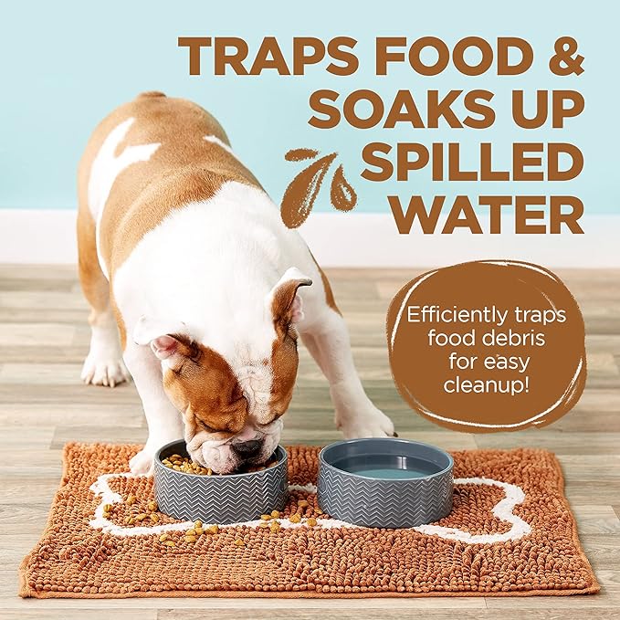 Soggy Doggy Slopmat - Caramel Brown/Oatmeal Bone - 18” x 24″ - Water Absorbing Door Mat for Muddy Paws and Food/Water Bowls - Microfiber Chenille Small Doormat - Machine Washable