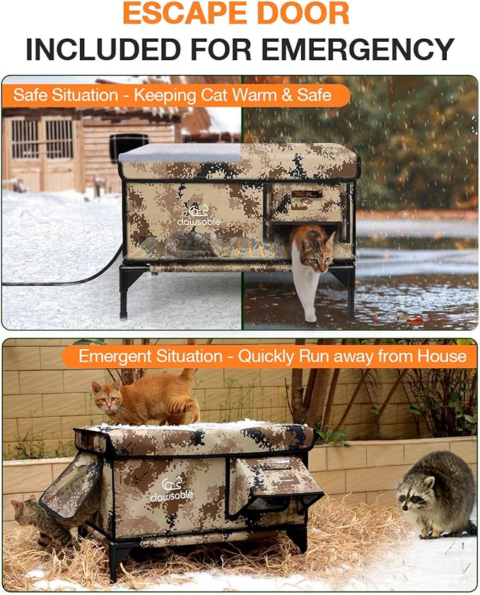 Indestructible Heated Cat House for Outside Winter, 100% Waterproof, Safe Escape Door, Insulated Outdoor Cat Shelter with Heater for Feral Barn Cat Kitty (Desert Camouflage, 12"x16"x18")