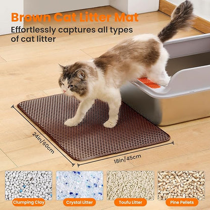 Petinstinct Cat Litter Mat, 24x18 Inches Large Double Layer Honeycomb Cat Litter Trapping Mat, Non Slip Waterproof Urine Proof Cat Litter Box Mat for Floor, Kitty Litter Rug, Cat Supplies, Brown