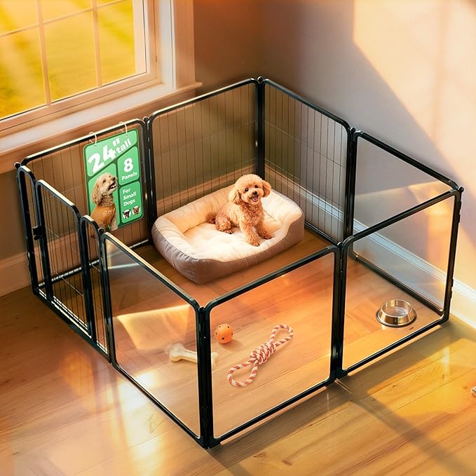 FXW Acrylic & Wire Mesh Indoor Dog Playpen, Heavy Duty 24 Inch 8 Panels Metal Dog Pen for Puppy and Small Dogs, Black│Patented