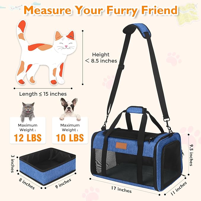 PETUX Airline Approved Pet Carrier - 17x11x9.5 in, Underseat, Top & Side Entry, Soft Sided Cat Dog Carrier for Small Cat & Dog Up to 12 lbs with Anti-Scratch Mesh & Litter Box for Travel & Vet - Blue
