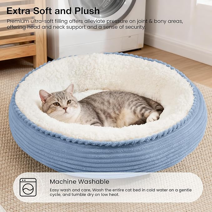 Love's cabin Round Donut Cat and Dog Cushion Bed, 20in Pet Bed for Cats or Small Dogs, Anti-Slip & Water-Resistant Bottom, Super Soft Durable Fabric Pet beds, Washable Luxury Bed Sky Blue Stripe